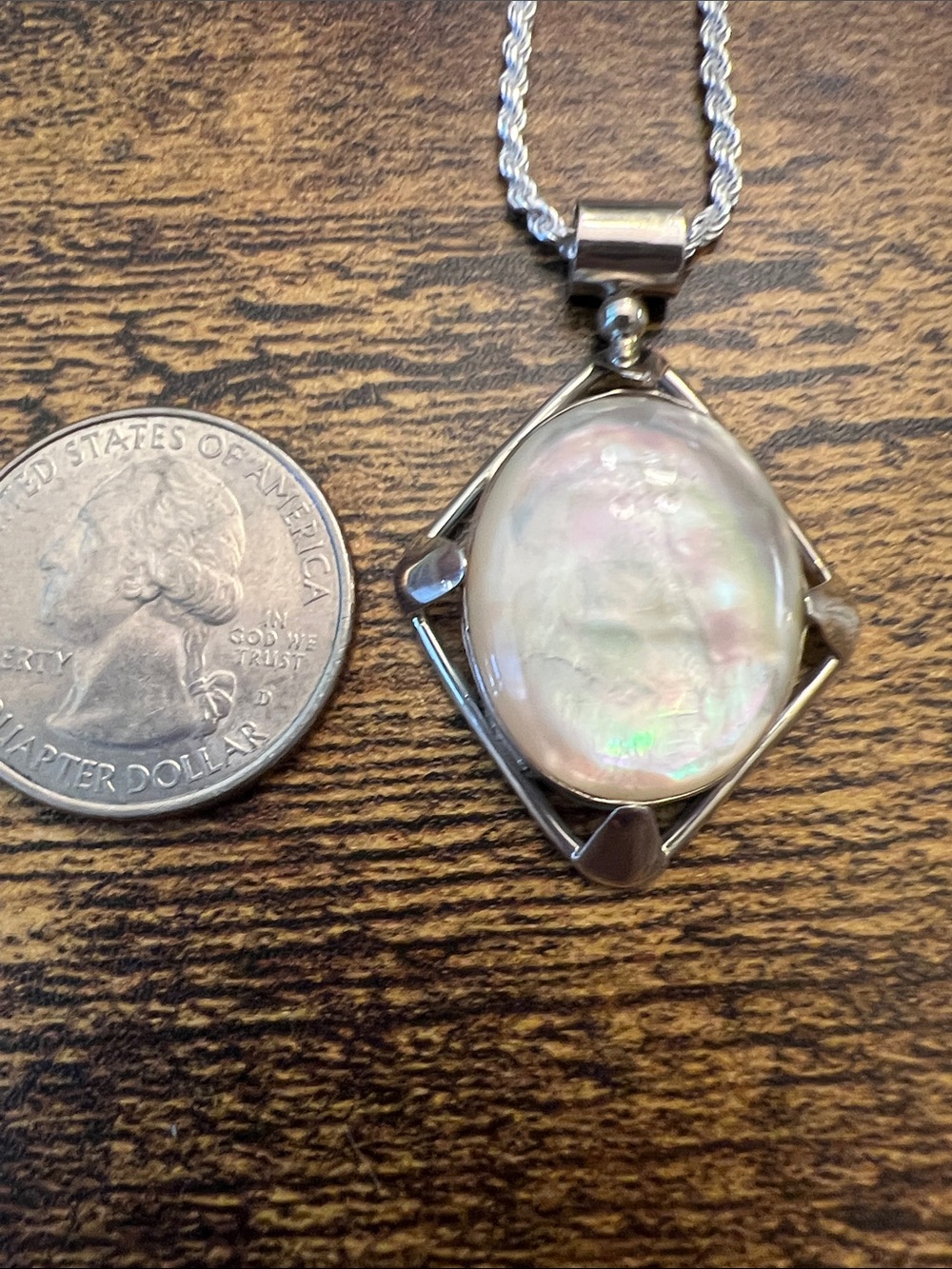 Sterling Silver Iridescent Mother-of-Pearl Pendant Necklace - White - Picture 2 of 7